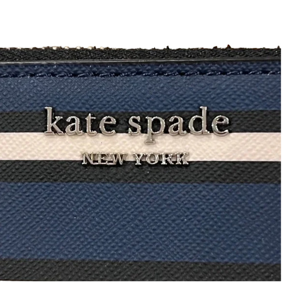 NWT Kate Spade Navy/Cream Stripe Leather Cameron York Medium L-Zip Wallet - Picture 6 of 10